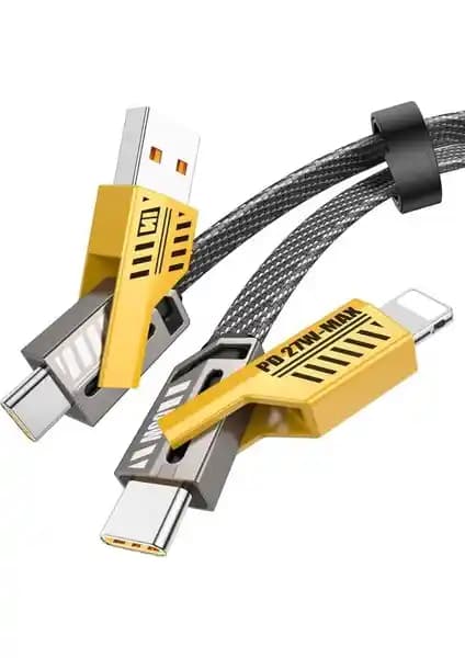 Fibaks 4'ü 1 Arada PD 65 Watt Type-C/27 Watt Halat Örgü Kırılmaz Uç 1 Metre Hızlı Şarj ve Veri Kablosu