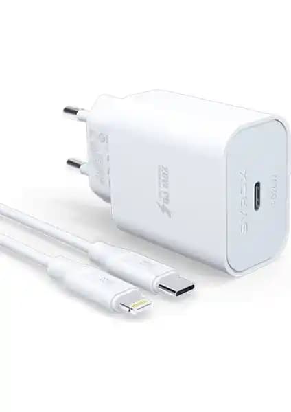 Syrox PD20L Şarj Aleti ve Type-C to Lightning Kablo Seti - Beyaz, 20W PD Hızlı Şarj