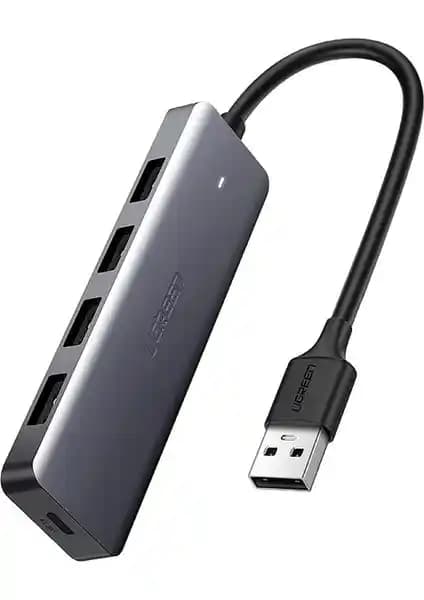 UGREEN 4 Port USB 3.0 Hub (Model 50985) - 5 Gbps Teorik Hız, Micro USB Güç Girişi, Gri