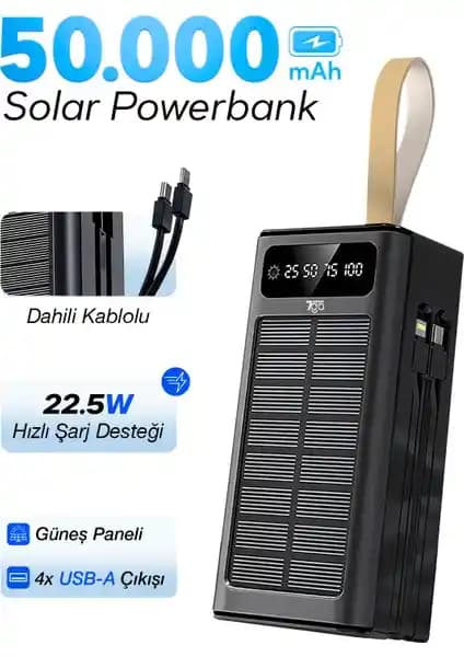 7Go Gpw-01 Güneş Enerjili Taşınabilir Güç Kaynağı 50.000 mAh Uzun Ömürlü ve Hızlı Şarj Özelliğiyle