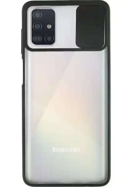 Samsung Galaxy A51 Kapak Lensli Açılır Kapanır Kamera Korumalı Siyah Silikon Kılıf