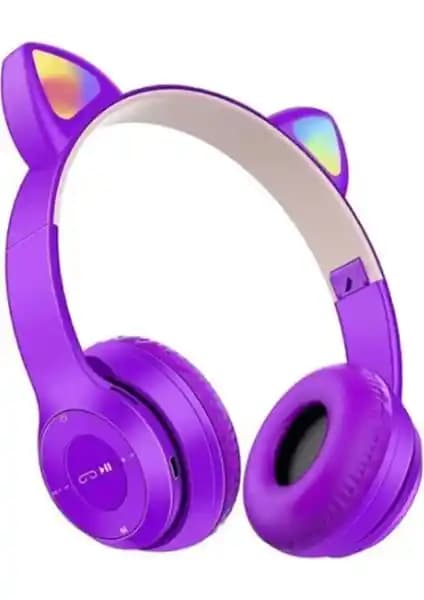 P47 MerciTech Kız Çocuklar İçin Kedi Kulaklı Işıklı Kablosuz Bluetooth Kulaklık