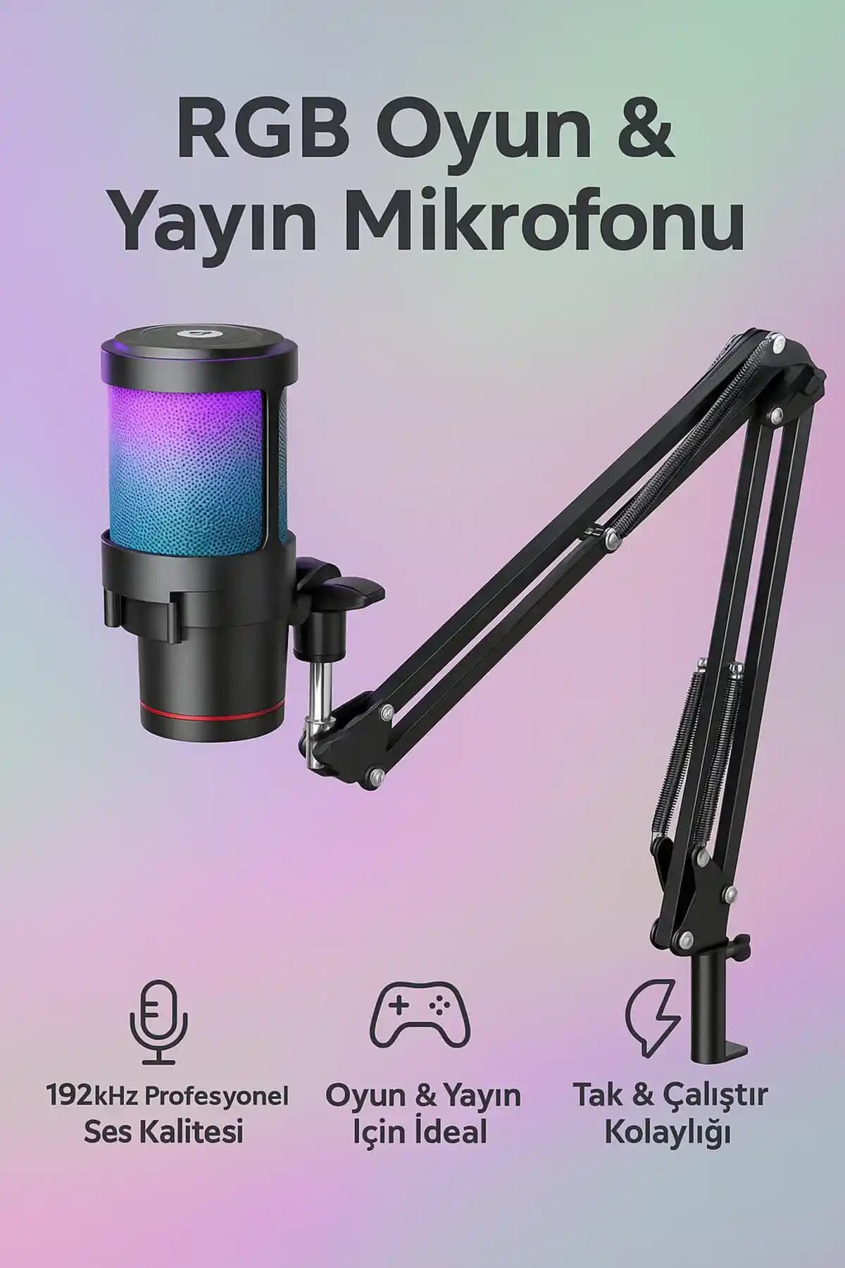 Coverzone RGB Oyun ve Yayın Mikrofonu Yüksek Çözünürlük ve Gürültü Engelleme Özellikleriyle