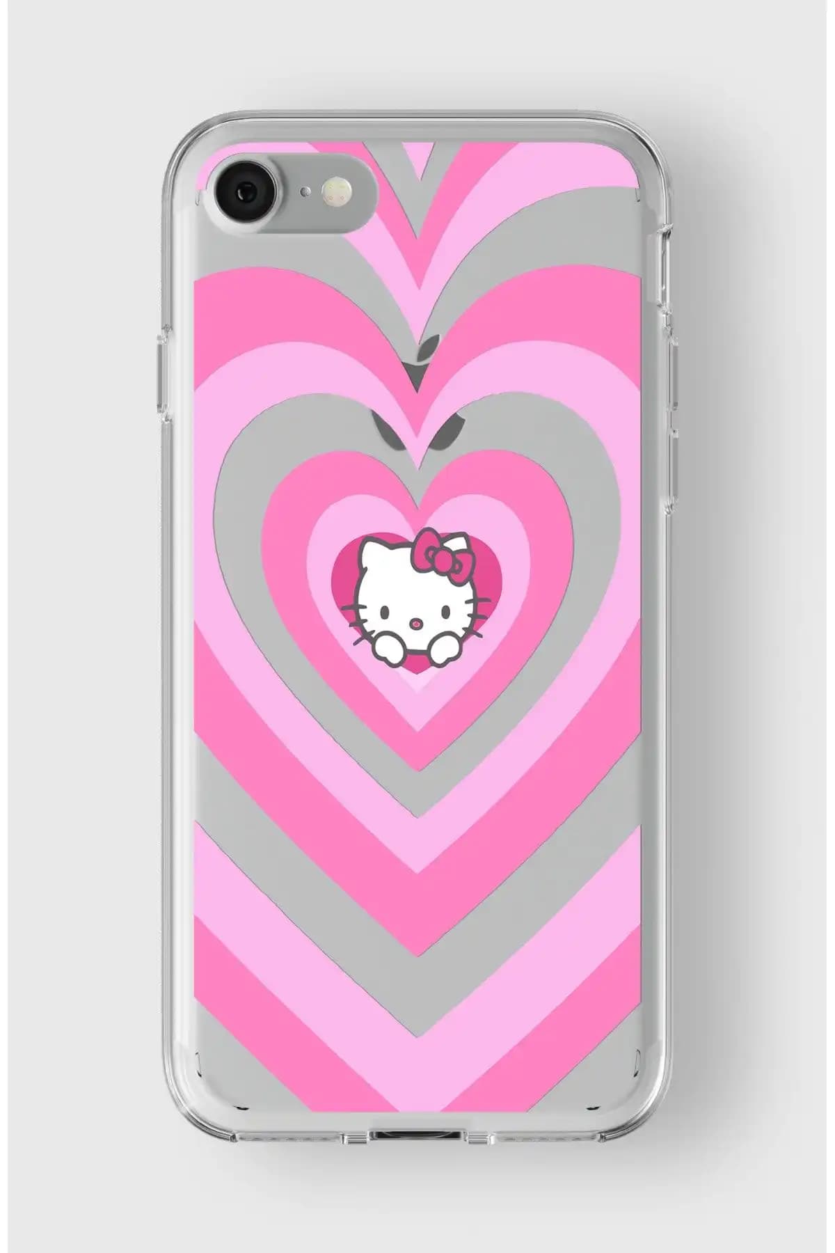 Elorakılıf Şeffaf iPhone 7/8/SE 2020 Kılıfı Kalpli Hello Kitty Tasarımı
