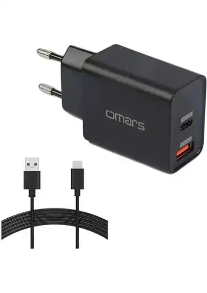 Omars 18W Çift Çıkışlı USB Type-C Hızlı Şarj Cihazı ve 1 Metre Kablo ile Güvenli ve Pratik Kullanım
