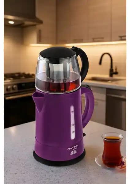 Awox Teaplus Cam Demlikli Elektrikli Çay Makinesi Mürdüm Renkli Modern Tasarım ve Fonksiyonellik