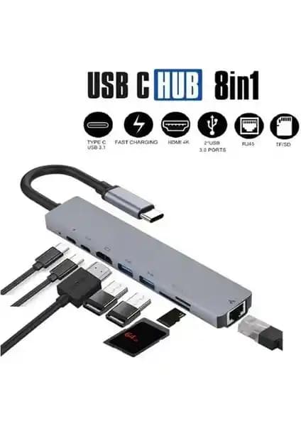 Blue Wings 8'li Ethernet SD USB Type C Hub ile Çok Yönlü Bağlantı Çözümü