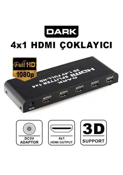 Dark 1 Giriş - 4 Çıkış HDMI Splitter Yüksek Çözünürlük ve Çoklu Ekran Desteği
