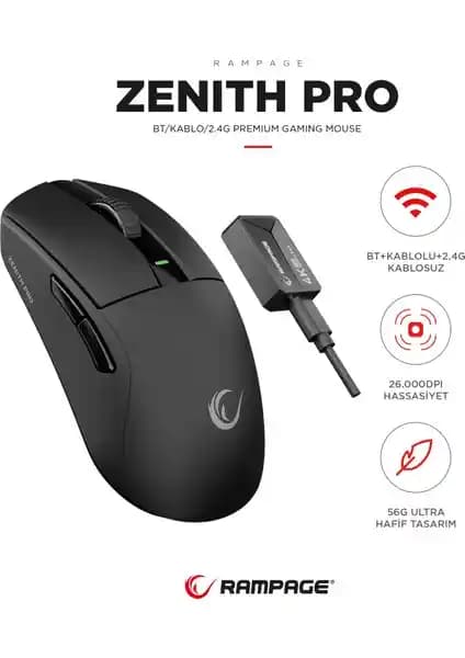 Rampage ZENITH PRO 4K BT Kablosuz Gaming Mouse Yüksek Hassasiyet ve Ergonomik Tasarım