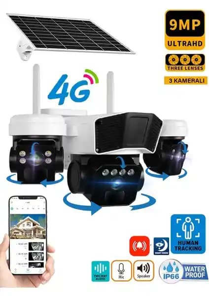 O-kam 3936 Üç Kameralı Ultrahd 4G Solar Güvenlik Kamerası Geniş Kapsamlı İzleme
