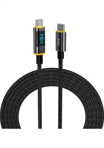 Aohi Magline Type-C 140W PD3.1 LED Ekranlı örgülü USB-C kablo yüksek hızda şarj ve veri aktarımı