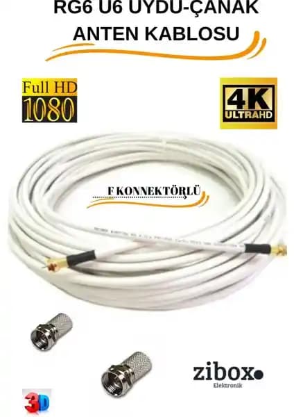 Zibox 10 Metre F Konnektörlü RG6/U6 Full HD ve 4K Uydu Anten Kablosu