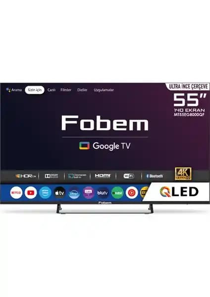 Fobem MT55EG8000QF 55 inç 4K QLED Google TV yüksek çözünürlük ve akıllı özelliklerle donatılmış
