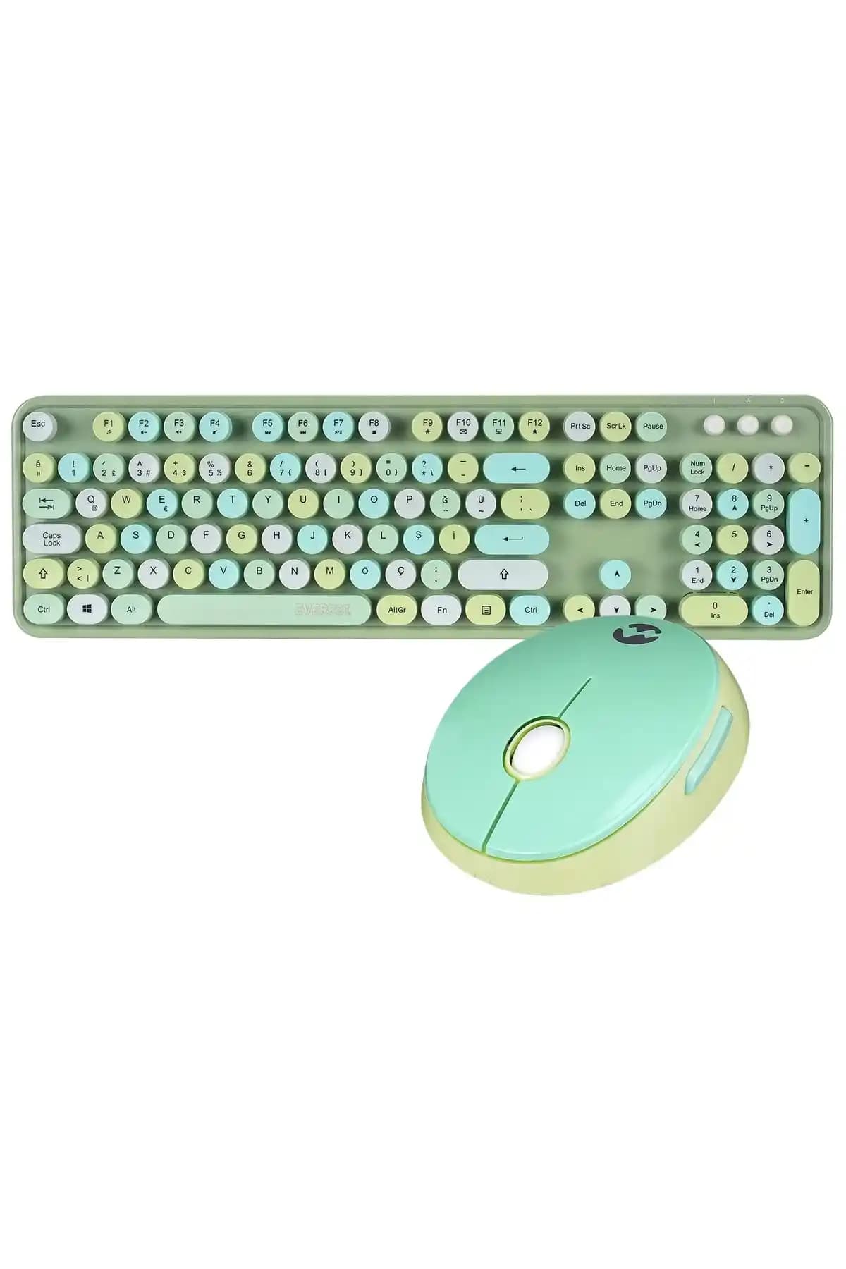 Everest Round KM-6282 Kablosuz Klavye ve Mouse Seti Yeşil Renkli Şık Tasarım