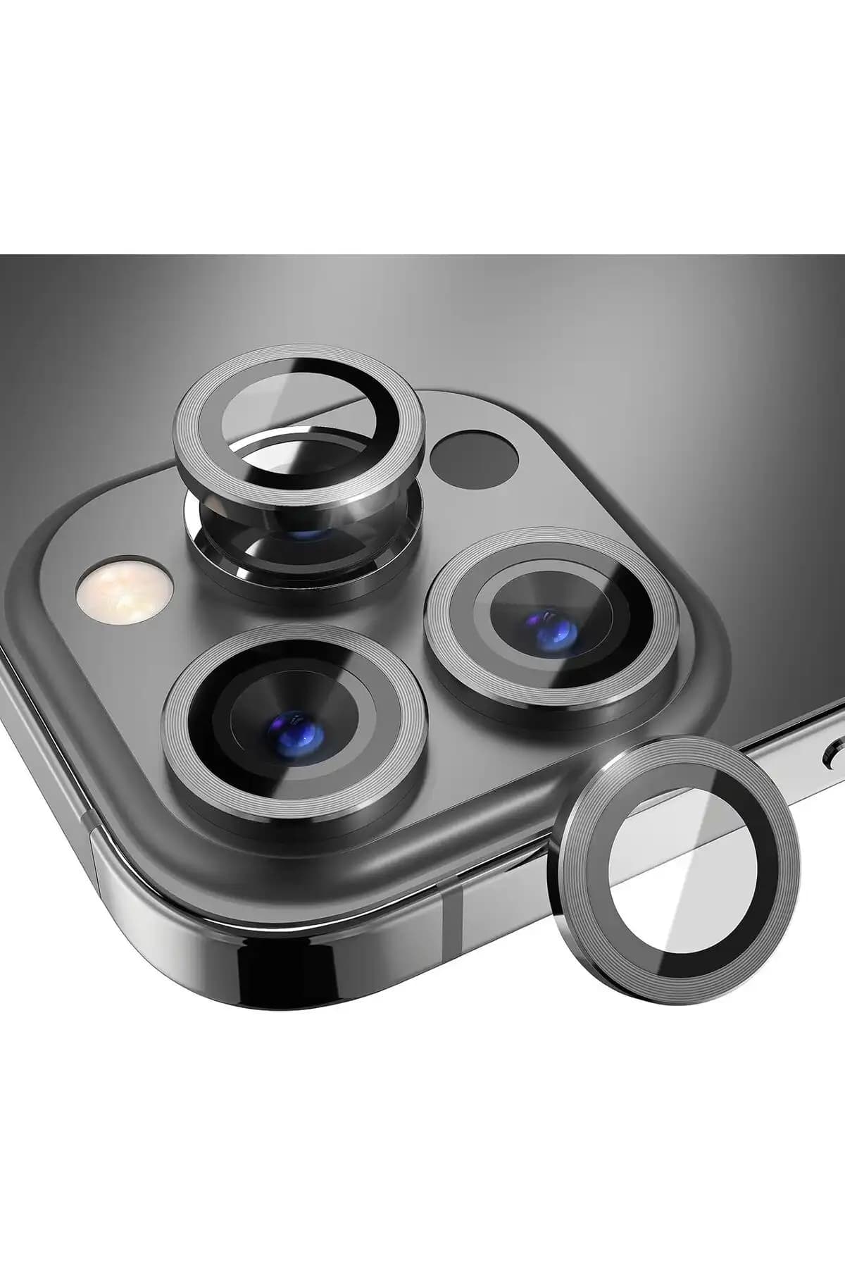 Powerfox iPhone 13 Pro ve 13 Pro Max için Alüminyum Alaşımlı Temperli Cam Kamera Lens Koruyucu Seti